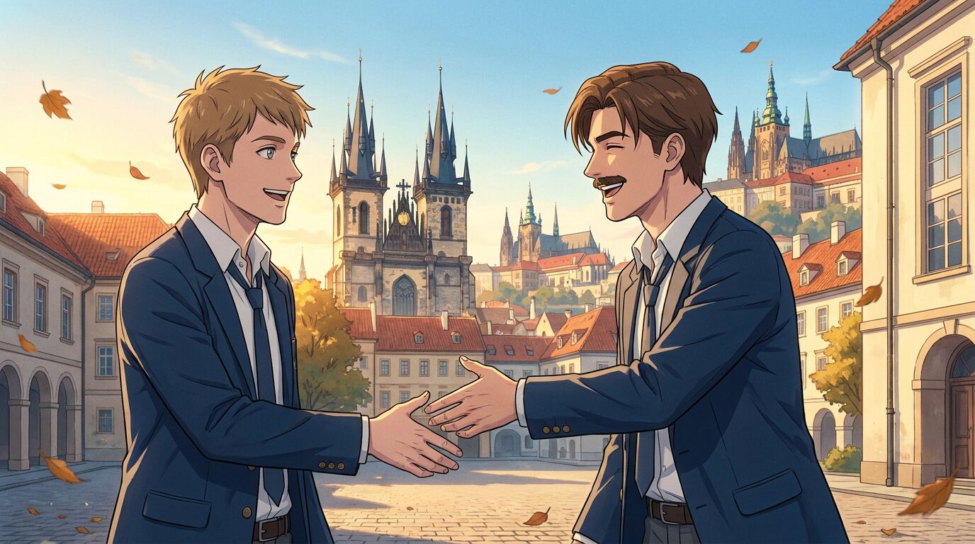 Anime panel: two teenage boys in navy school blazers shake hands and laugh in a cobbled Prague square, the spires of Týn Church and Prague Castle behind them, autumn leaves in the air.