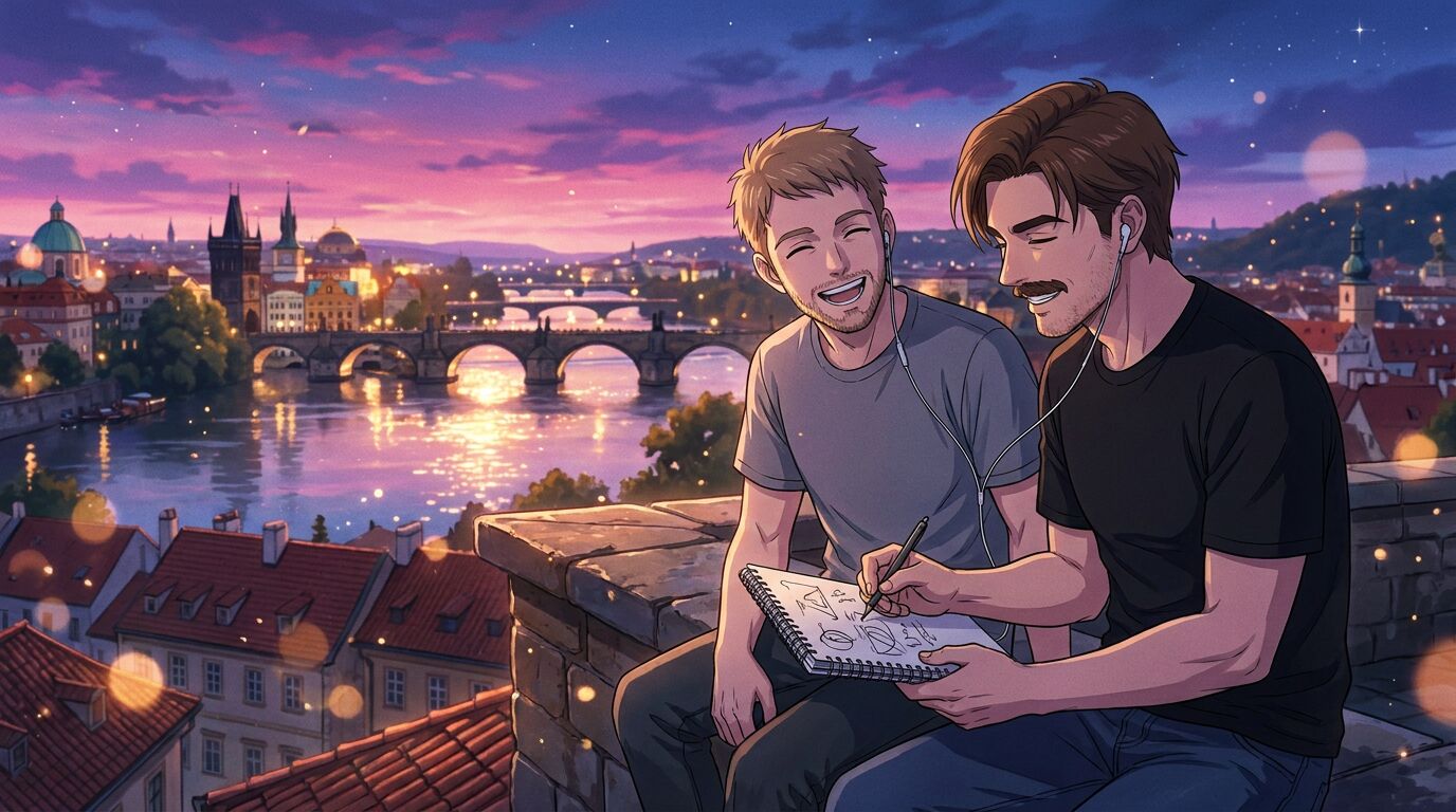 Anime panel: the same two friends, a few years older, sit on a Prague rooftop at dusk sharing earphones and sketching in a notebook, Charles Bridge and the Vltava glowing behind them.