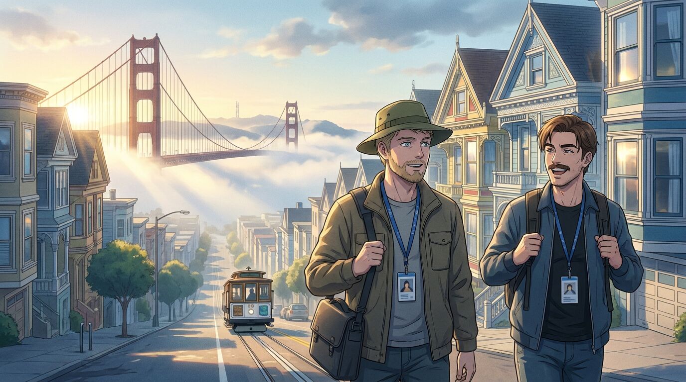 Anime panel: the two friends, now grown up, walk up a San Francisco hill past painted Victorian houses with work lanyards and backpacks, a cable car behind them and the Golden Gate Bridge rising out of the fog.