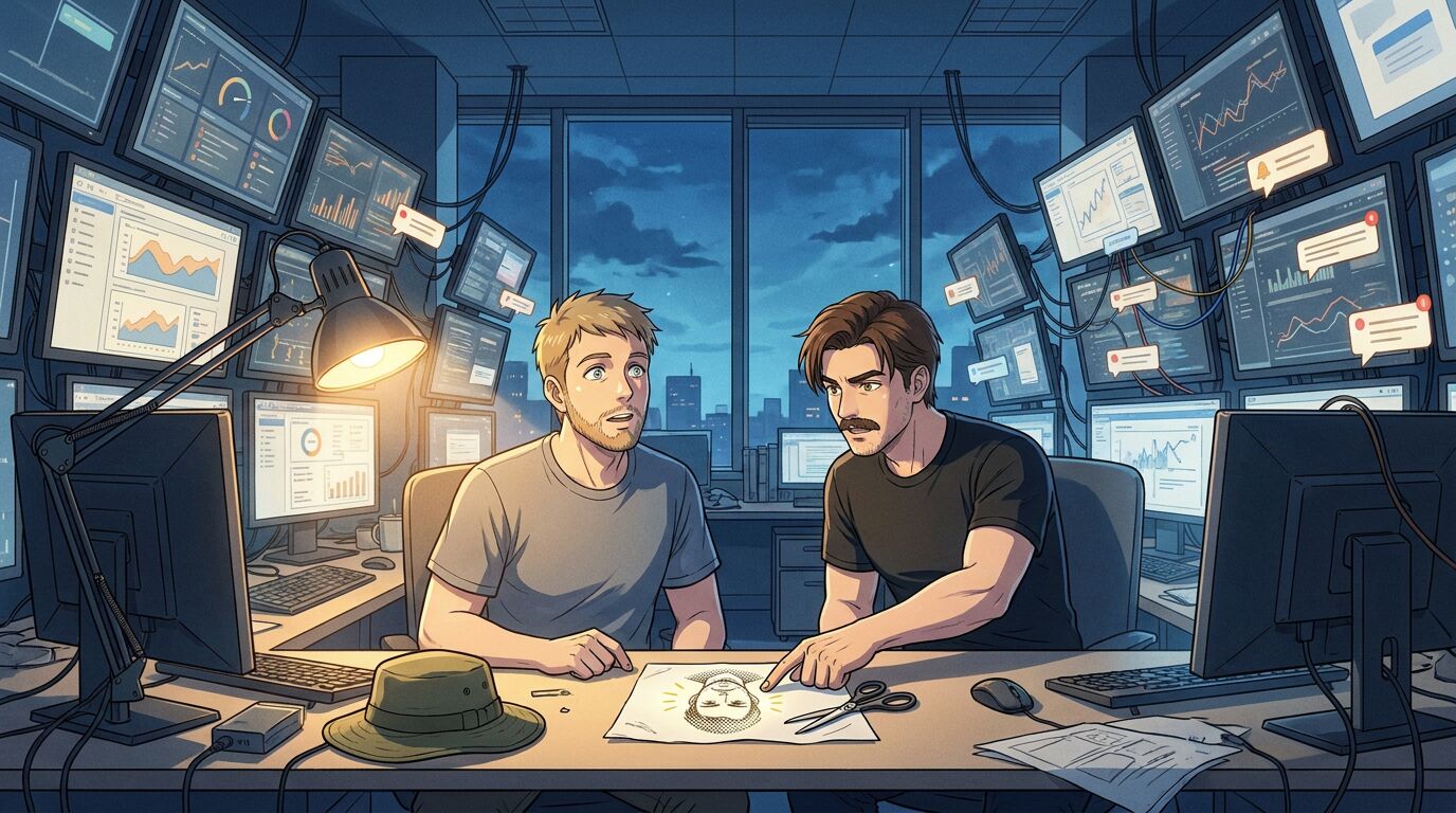 Anime panel: late at night in an office crowded with dashboards and notification pop-ups, one friend points at a napkin sketch of a glowing halftone figure on the desk, next to a pair of scissors.