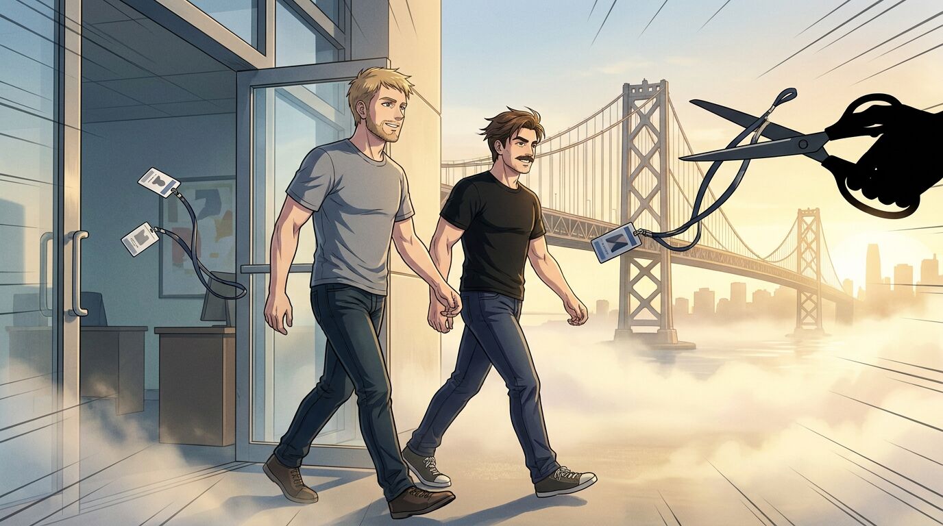 Anime panel: the two friends walk out of an office building at dawn in plain t-shirts, their lanyards flying away behind them, while a hand with scissors snips a lanyard in front of the Bay Bridge and the fog.