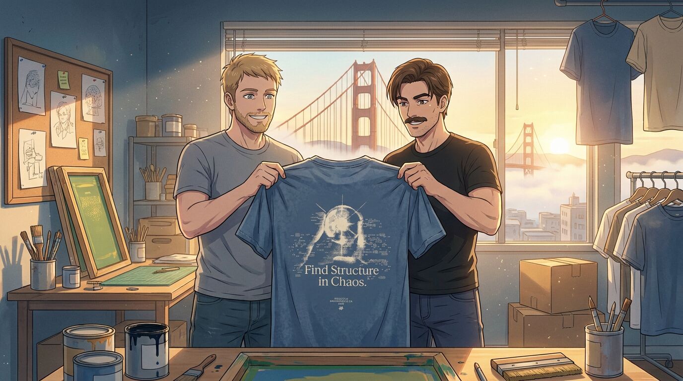 Anime panel: in a small print studio with the Golden Gate Bridge in the window, the two friends hold up the finished washed blue t-shirt, printed on the back with a halftone figure and the line Find Structure in Chaos.